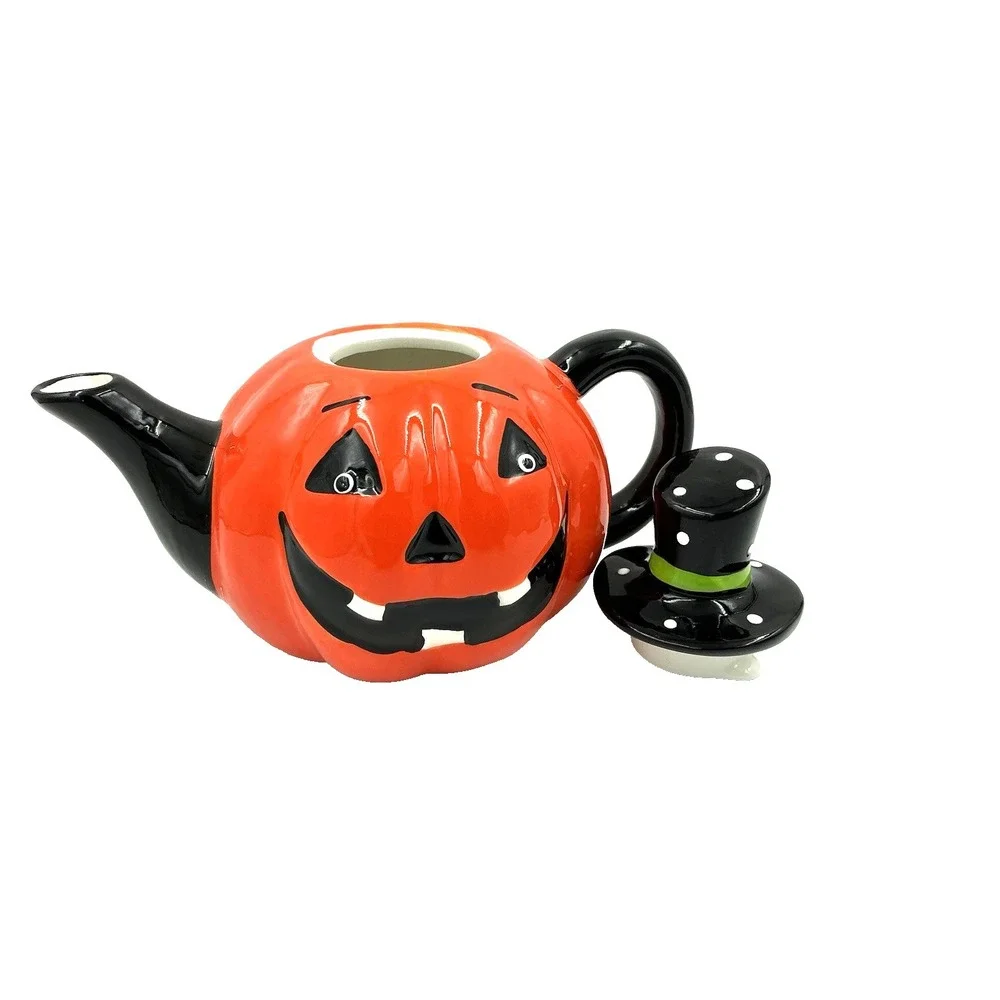 Jack O Lantern Lane Pumpkin Teapot Halloween Ceramic Decor Orange Black